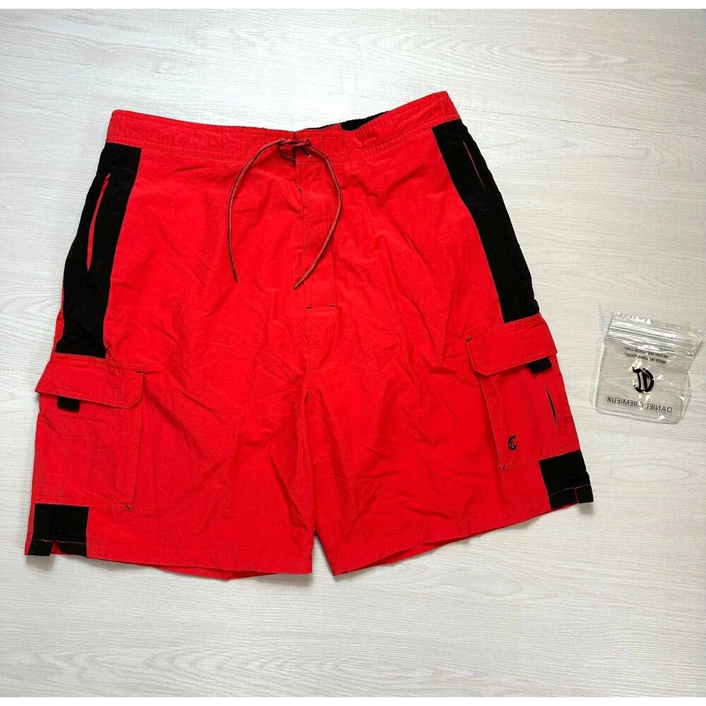 Daniel Cremieux Men XL Swim Trunks Red Black Cargo Board Shorts Mesh Lined Pouch